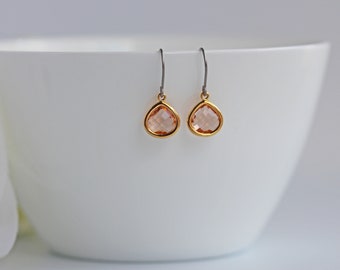 Small Peach Glass Titanium Earrings Nickel Free Vintage Rose