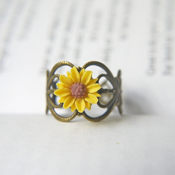 Yellow Sunflower Ring Antique Brass Filigree Adjustable Ring