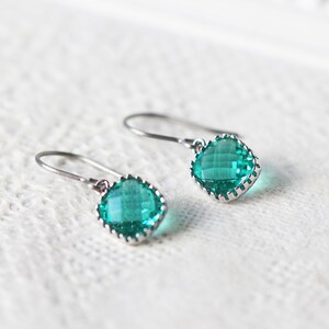 Blue Zircon Glass Titanium Earrings Nickel Free Gold or Silver Frame Dainty Square Silver setting