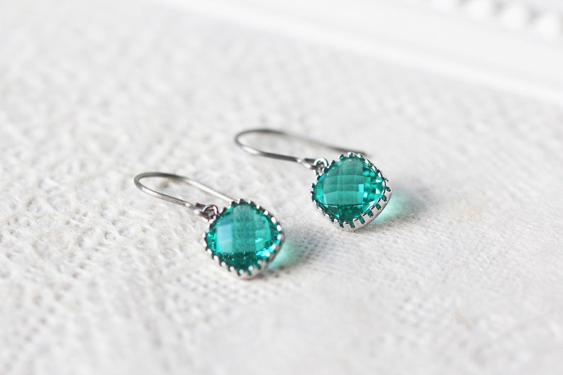 Blue Zircon Glass Titanium Earrings Nickel Free Gold or Silver Frame Dainty Square Silver setting