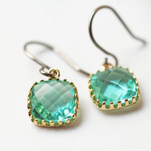 Blue Zircon Glass Titanium Earrings Nickel Free Gold or Silver Frame Dainty Square image 3