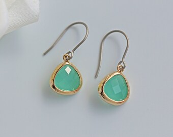 Small Light Mint Green Glass Titanium Earrings Nickel Free Gold Frame