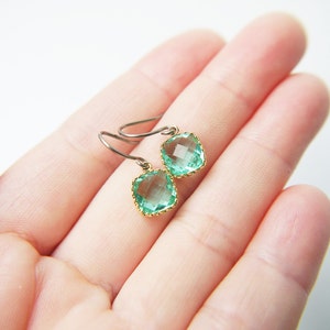 Blue Zircon Glass Titanium Earrings Nickel Free Gold or Silver Frame Dainty Square image 4