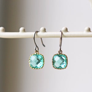 Blue Zircon Glass Titanium Earrings Nickel Free Gold or Silver Frame Dainty Square Gold setting
