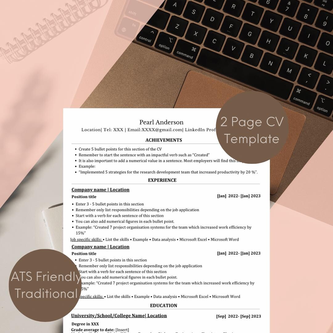 2 Page CV Template to Get Your Dream Job Easy to Read ATS Friendly ...