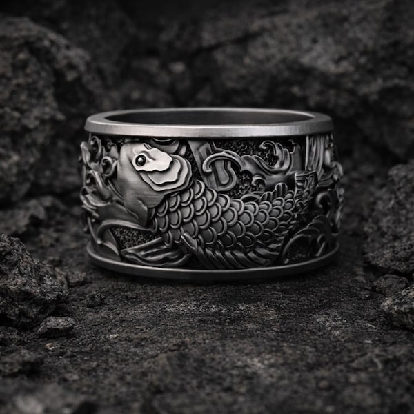 Koi Fish Ring, Sterling Silver Japanese Wave Band, Symbolic Nature Jewelry for Men