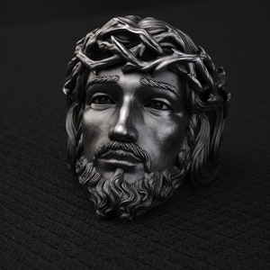Anillo de plata de Jesús, anillo cristiano con corona de espinas, joyería católica artesanal, anillo vintage con cabeza de Jesús, regalo religioso para hombres