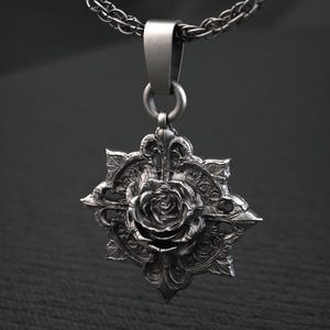 Bleeding Rose Pendant, Sterling Silver Gothic Necklace, Dark Romantic Jewelry Gift for Him