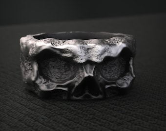 Sterling Silver Skull Ring, Heavy Biker Band, Gothic Rocker Jewelry, Bold Statement Piece for Alternative and Rebel Style Enthusiasts