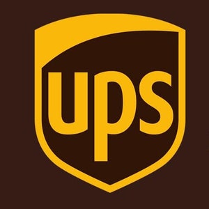 May include: A brown UPS logo with a yellow shield and the text "UPS" in white. The text "EXPRESS SHIPPING" is in yellow below the logo.