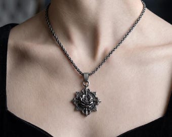 Gothic Rose Halskette, 925 Sterling Silber Blumen Anhänger, dunkel Romantische Schmuck, Oxidiertes Floral Statement, Edgy Grunge Geschenk für Sie oder Ihn