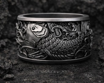 Koi Fish Ring for Men, Sterling Silver Japanese Wave Band, Symbolic Carp Jewelry, Gothic Biker Gift, Handmade Ring