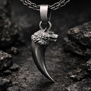 Sterling Silver Wolf Fang Pendant, Gothic Viking Necklace for Men, Handmade Nordic Jewelry, Tribal Wolf Charm, Gift for Him