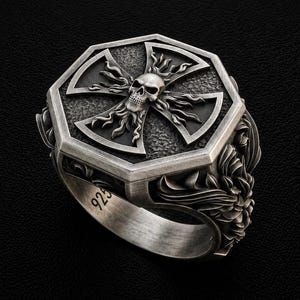 May include: A silver ring featuring an octagonal face with a textured background, a central cross emblem, and a skull motif surrounded by flame-like details. The band is engraved with the number 925, indicating sterling silver composition.