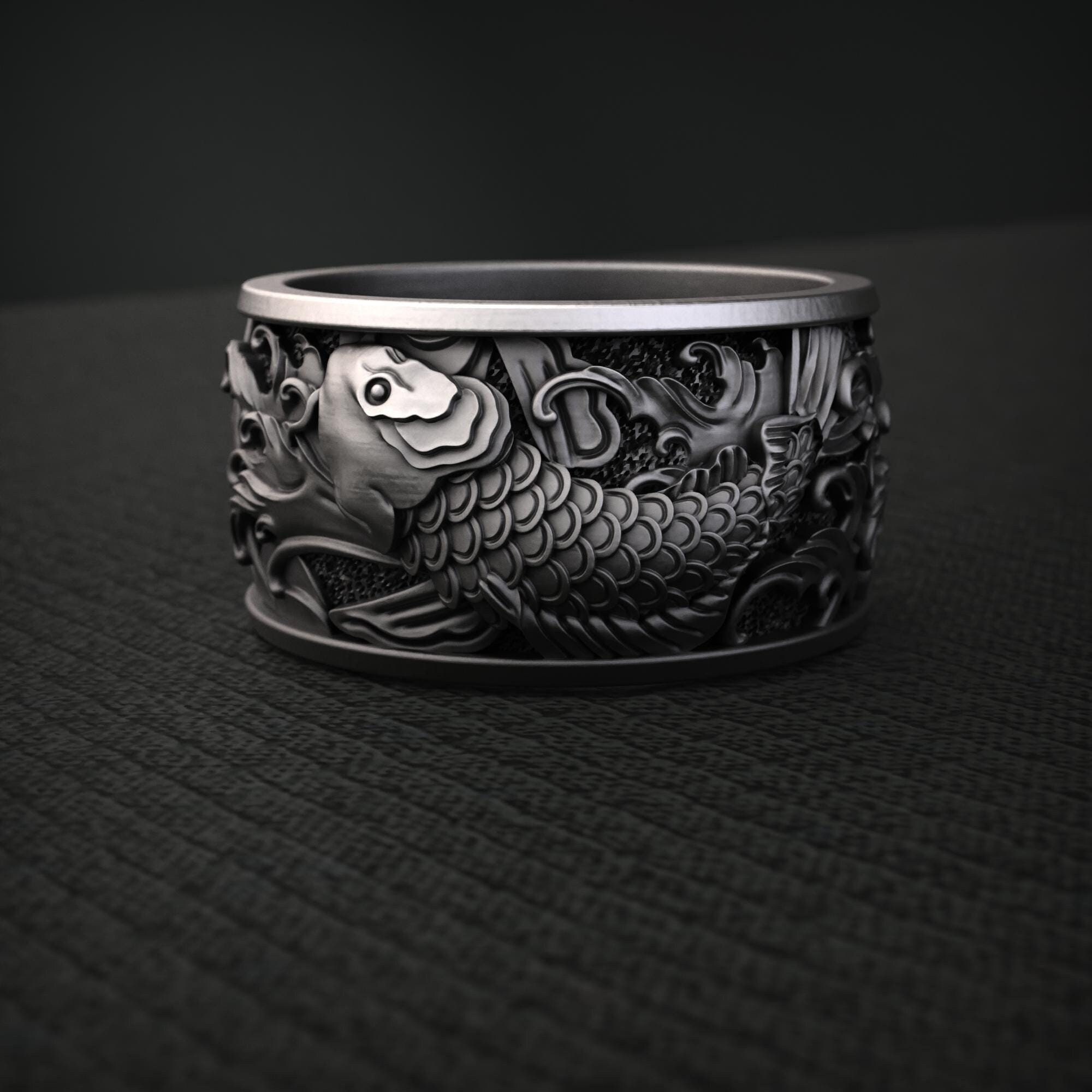 Japanese Koi Fish Silver Ring Handmade Waves Engraved Carp Band Japan Art Jewelry Unique Wedding Ring Anniversary Gift for Couple
