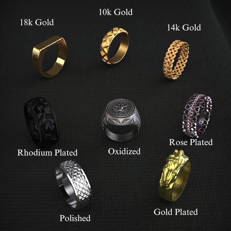 K&ouml;nnte beinhalten: Eine Sammlung von Ringen in verschiedenen Stilen und Ausf&uuml;hrungen, darunter 18 Karat Gold, 10 Karat Gold, 14 Karat Gold, ros&eacute;vergoldet, vergoldet, oxidiert, poliert und rhodiniert. Die Ringe zeigen verschiedene Designs, von geometrischen Mustern bis hin zu floralen Motiven.