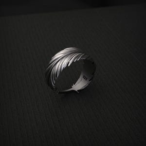 K&ouml;nnte beinhalten: Ein silberner Ring mit einem Federdesign. Der Ring ist mit einzelnen Federborsten detailliert und hat einen 925-Stempel auf der Innenseite. Der Ring ist vor einem dunklen Hintergrund platziert.