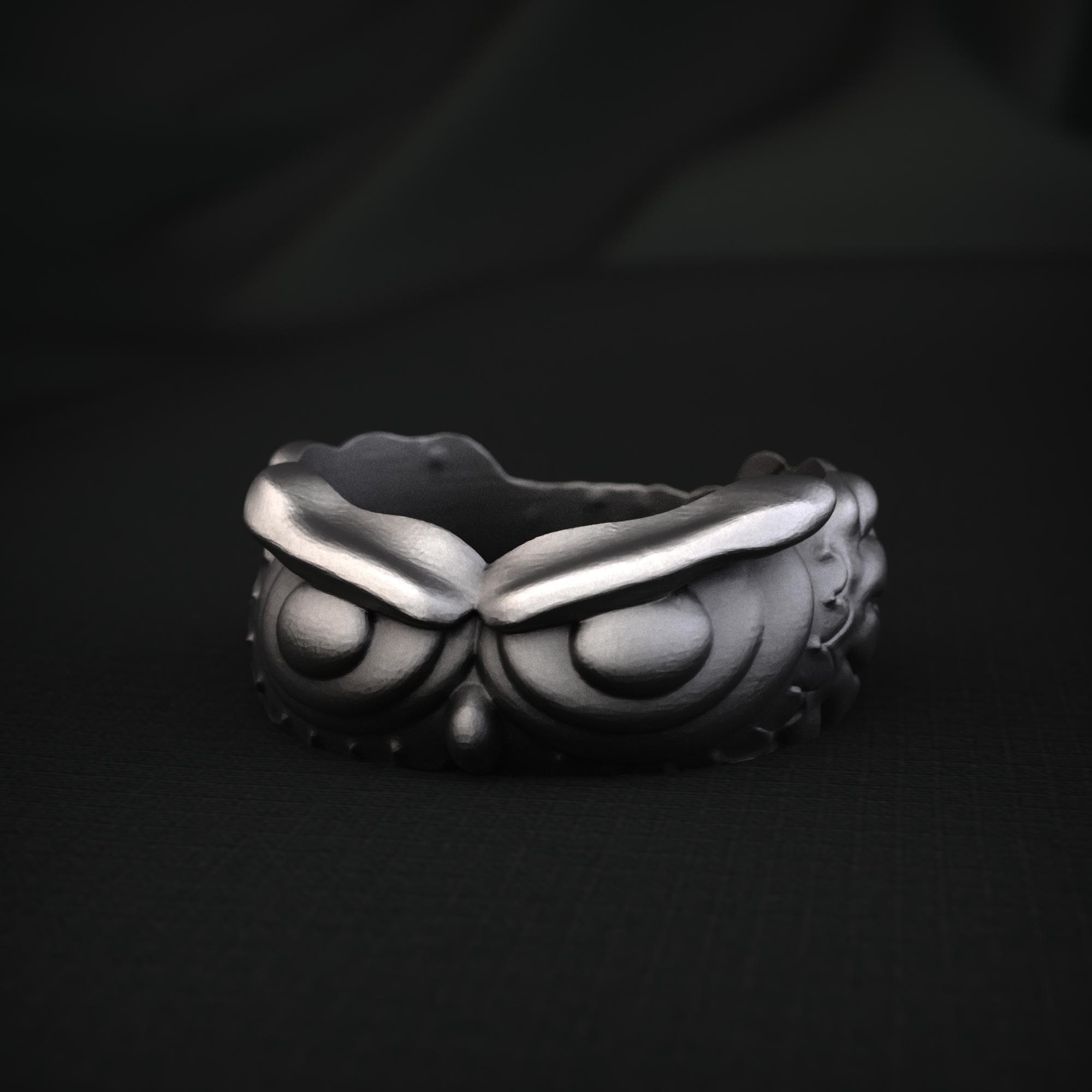 Owl Ring, Sterling Silver Feather Band, Gothic Woodland Jewelry Gift for Him