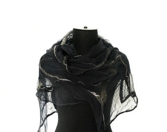 Nuno Felted Scarf Handmade Cobweb Black Dark Grey Scarf OOAK Felt Gift For Her