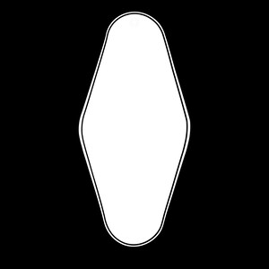 Peut inclure: Un objet blanc, allong&eacute;, en forme de goutte d'eau, avec un haut et un bas arrondis, soulign&eacute; en noir sur un fond noir. Un petit trou est visible en haut. L'objet a une surface lisse.