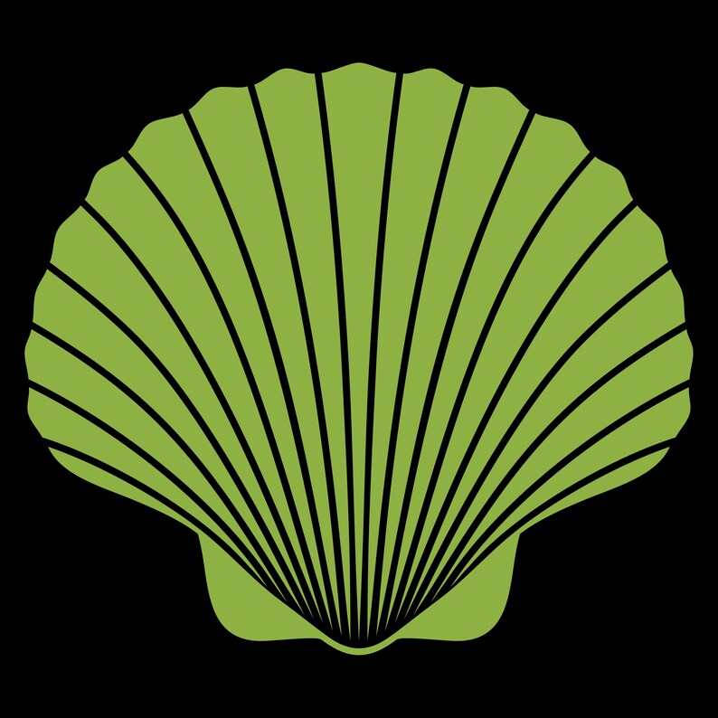 May include: A green seashell with a ribbed texture. The shell is closed and has a smooth, rounded shape.