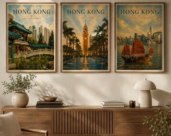 Póster de viaje de Hong Kong, arte mural del puerto Victoria, lámina vintage de Hong Kong, póster de ciudad asiática, descarga digital, decoración mural de viaje