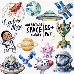 Paquete de imágenes prediseñadas del espacio en acuarela / Más de 55 archivos PNG / Planetas, astronautas, ovnis, galaxias, extraterrestres, estrellas / PNG transparentes de 300 DPI
