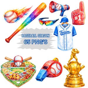 Può includere: Illustrazione ad acquerello di oggetti a tema baseball. Include una palla da baseball con fiamme, una mazza arcobaleno, occhiali da sole, un megafono, un dito di schiuma, una maglia, un berretto, un vassoio di snack, un fischietto e un trofeo. Il testo recita "Baseball Season 65 PNG's."