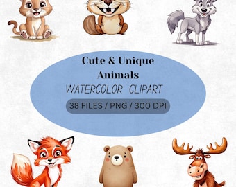 Paquete de imágenes prediseñadas de animales en acuarela: 38 archivos PNG (descarga digital)