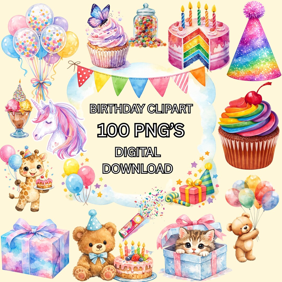 Watercolor Birthday Clipart Bundle – Pastel Balloons, Whimsical Party ...