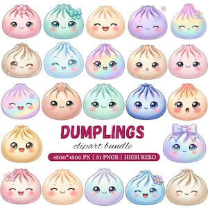 Può includere: Una collezione di ventiquattro illustrazioni di ravioli con vari colori pastello, texture glitterate e volti espressivi. Il testo DUMPLINGS clipart bundle 4500*4500 PX | 51 PNGS | HIGH RESO è centrato tra le illustrazioni.