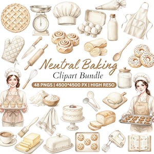 Puede incluir: Una colección digital de imágenes prediseñadas de repostería en tonos neutros que incluye ilustraciones de tarta, báscula de cocina, gorro de chef, huevos, leche, delantal, manopla, cuchillo, rodillo, rollos de canela, rosquillas, batidor y pan.