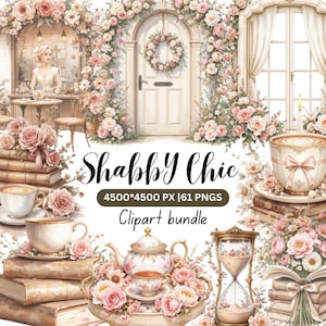 Puede incluir: Un paquete de imágenes prediseñadas digitales con ilustraciones de juegos de té, pilas de libros, arreglos florales, un reloj de arena y elementos arquitectónicos como puertas y ventanas, decorados con rosas rosadas y el texto Shabby Chic 4500*4500 PX | 61 PNGS.