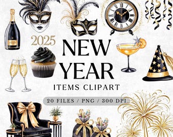Elegant New Year Clipart Set | Gold & Black Celebration Elements (PNG Files)