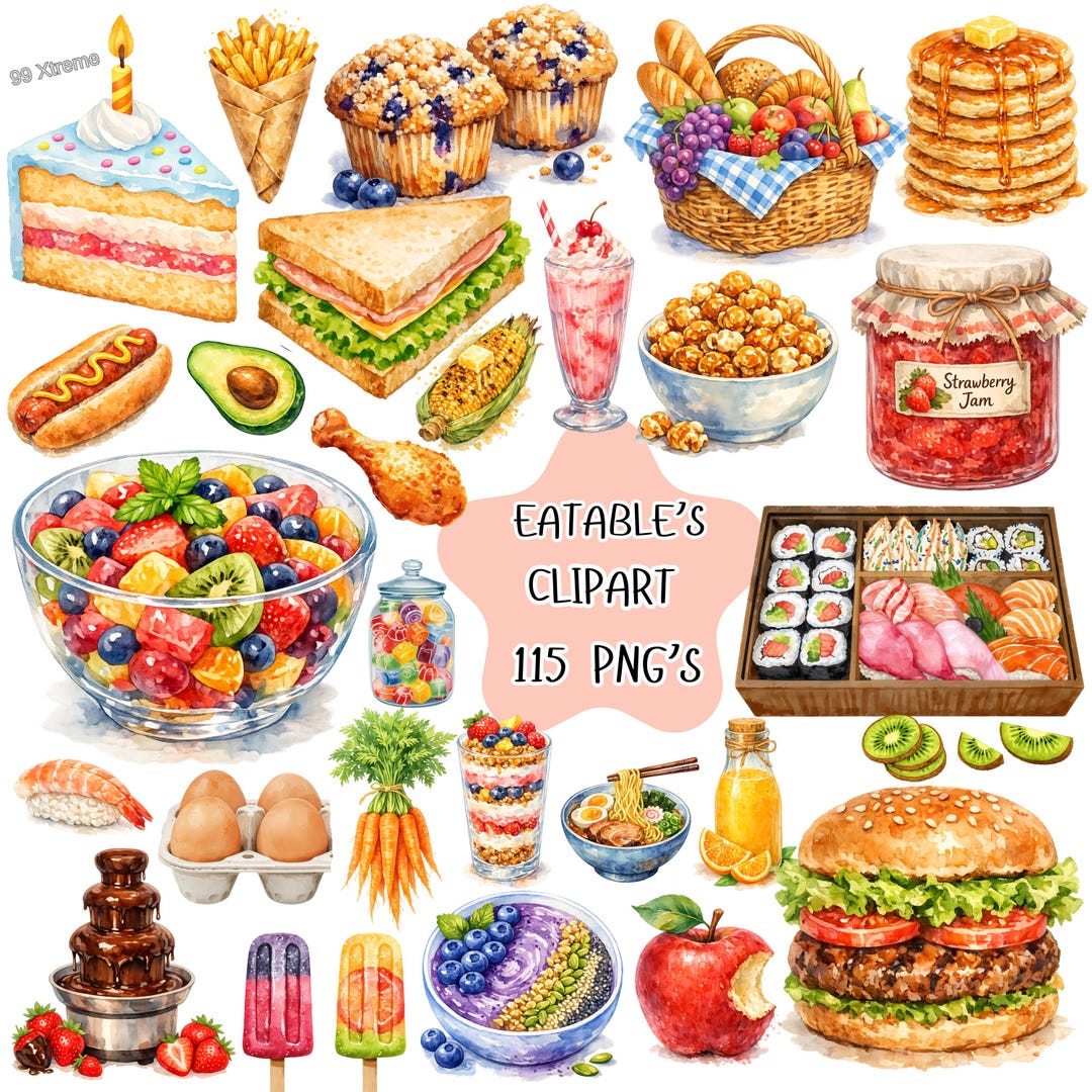 Watercolor Food Clipart Bundle – Baked Goods, Fast Food PNG (digital ...