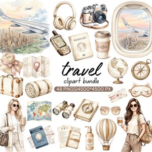May include: A digital travel clipart bundle featuring watercolor illustrations of an airplane wing, headphones, a vintage camera, a passport, a coffee cup, an airplane window, a hat, a map, a suitcase, a globe, a compass, binoculars, and sunglasses.