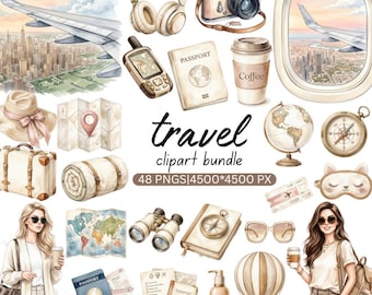 May include: A digital travel clipart bundle featuring watercolor illustrations of an airplane wing, headphones, a vintage camera, a passport, a coffee cup, an airplane window, a hat, a map, a suitcase, a globe, a compass, binoculars, and sunglasses.