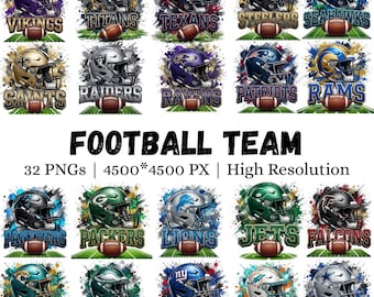 May include: A digital collection of 32 football team helmet graphics featuring various team logos, colors, and names with watercolor splash effects. The text reads FOOTBALL TEAM 32 PNGs | 4500*4500 PX | High Resolution. Each helmet sits above a football.