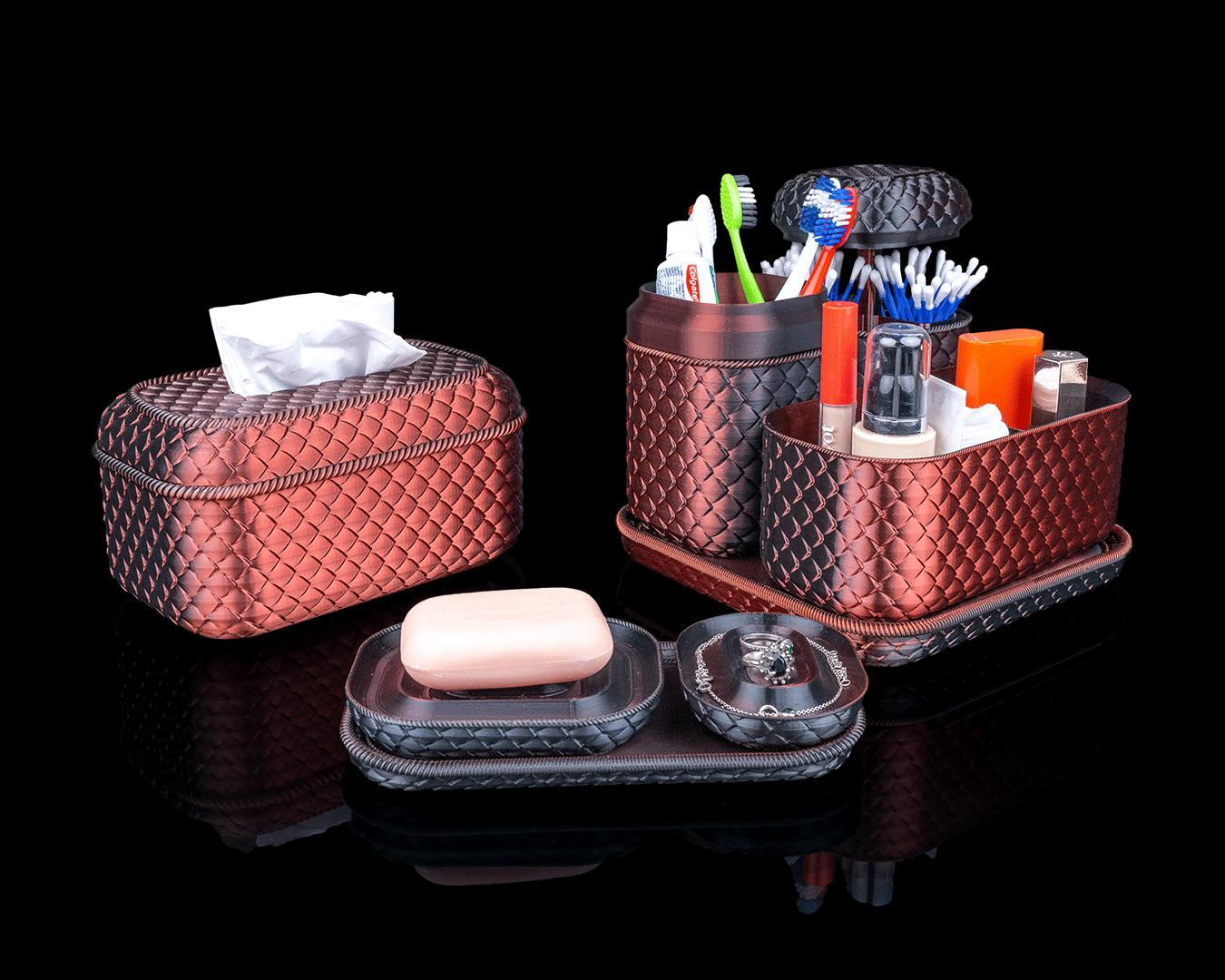 3D Printed Black & Copper Bathroom Organizer Set: Steamy Scales Design