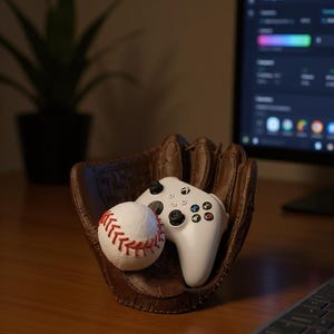 Op de afbeelding: Een bruine honkbalhandschoen bevat een witte honkbal met rode stiksels en een witte gamecontroller. De items staan op een houten oppervlak. Een computermonitor en een plant staan op de achtergrond.