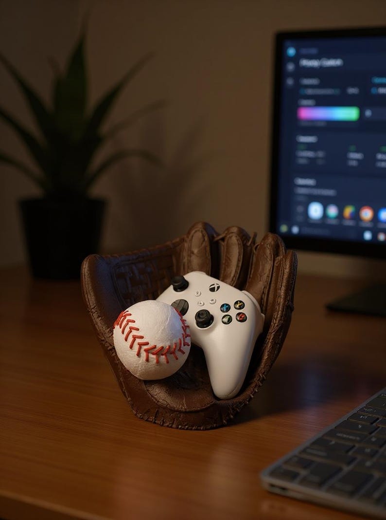May include: A baseball glove holds a white baseball with red stitching and a white video game controller. The glove is brown and sits on a wooden surface. A computer monitor and a plant are in the background.