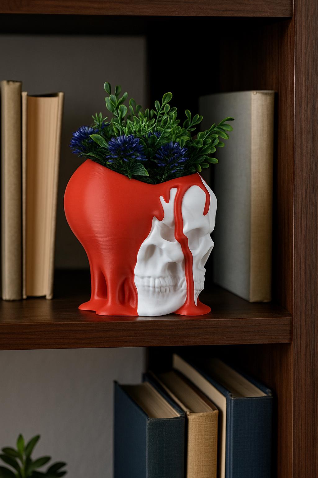 3D-Printed Skull Planter: Dripping Paint Gothic Decor - Red & White PETG Vase