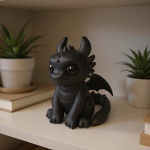 Könnte beinhalten: Schwarze Drachenfigur mit großen, ausdrucksstarken Augen, kleinen Hörnern und detaillierten Flügeln. Der Drache sitzt auf einem weißen Regal, im Hintergrund ist eine Pflanze in einem weißen Topf zu sehen. Dekorationsartikel.