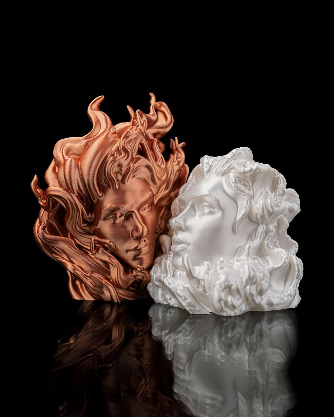 3D Printed Fire and Ice Sculpture: Elemental Love Dual Head Bust