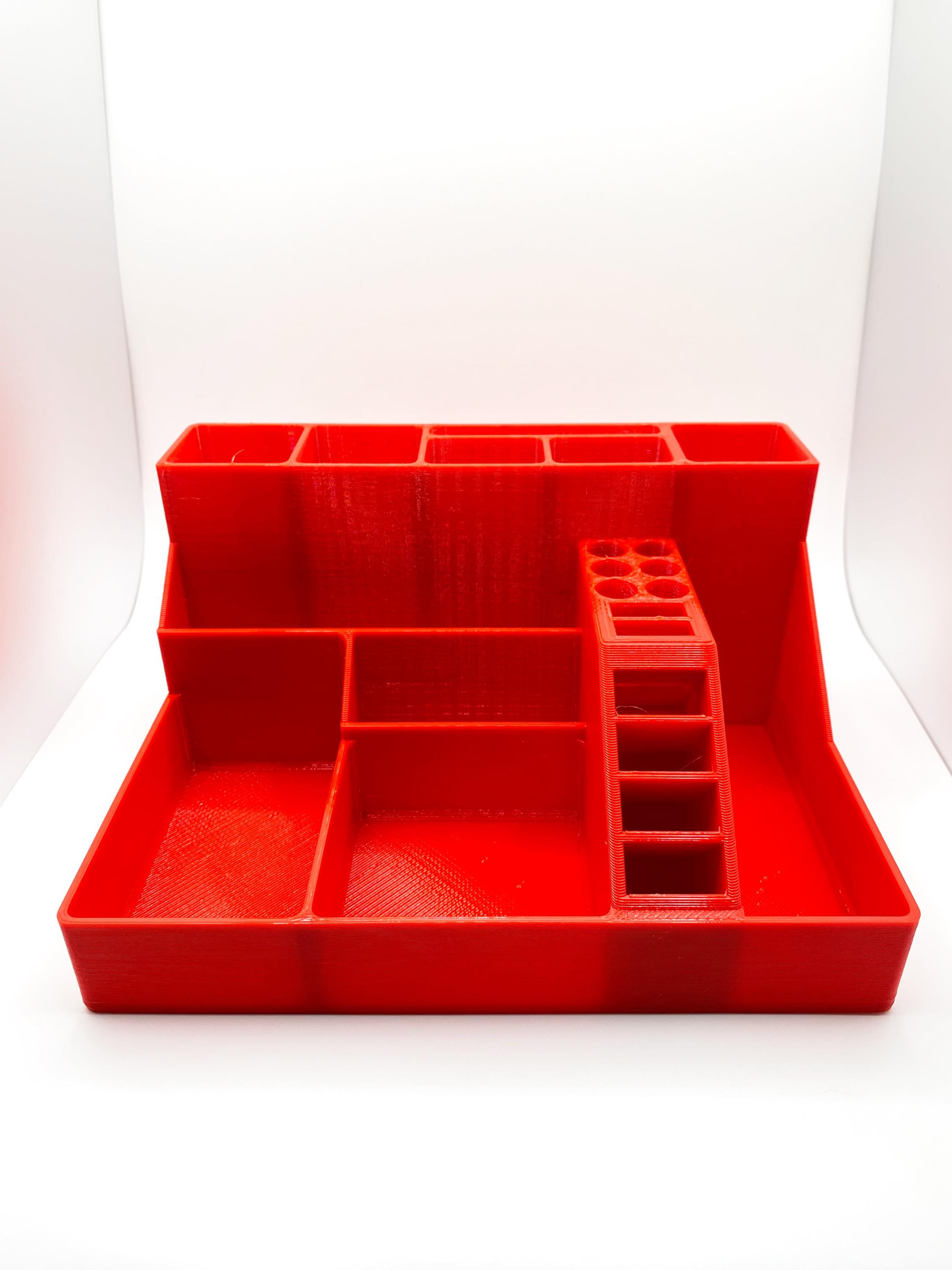 Multi-Compartment Desk Organizer, 3D Printed Storage Tray for Office Supplies and Tools (Red)