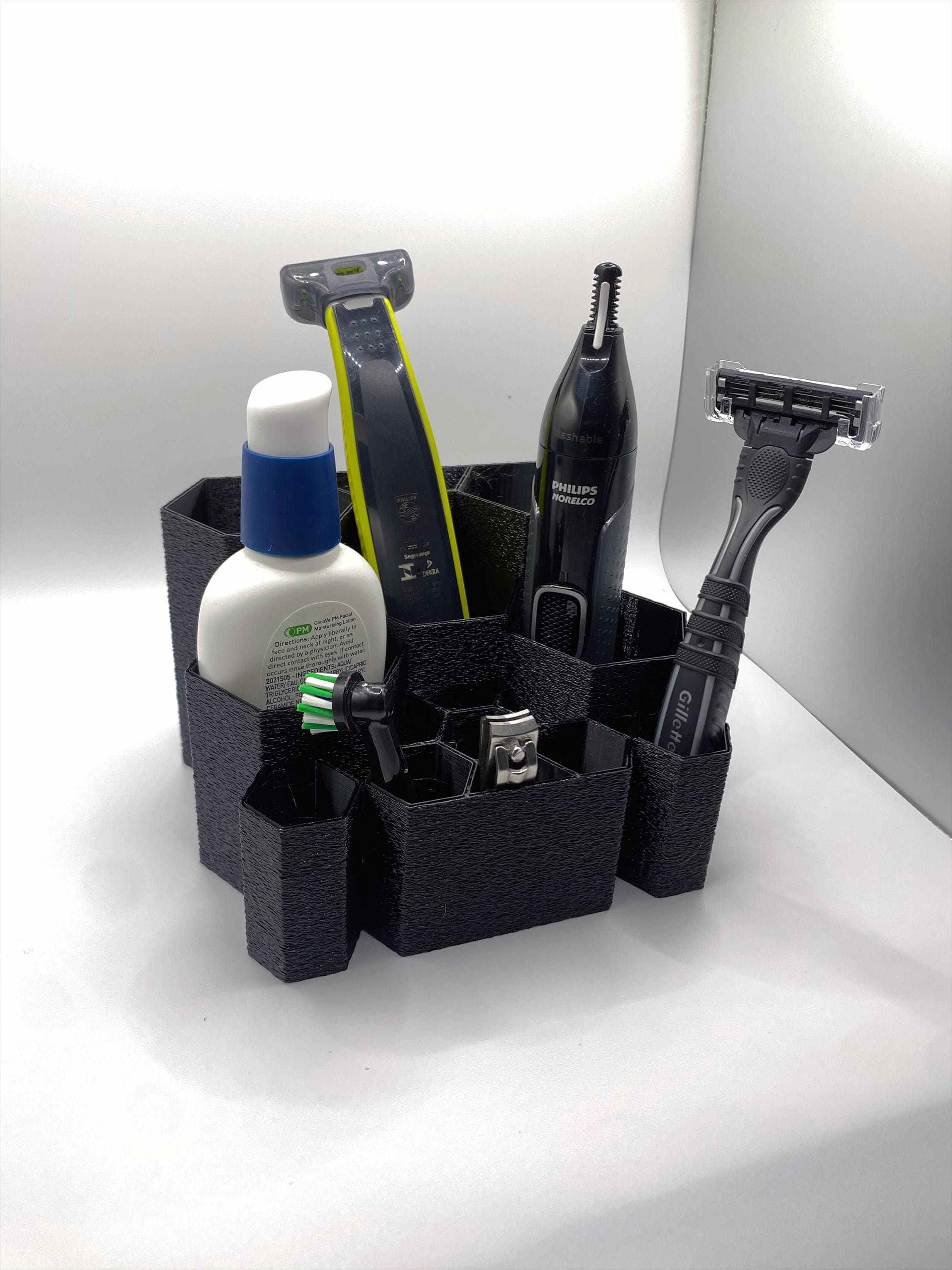 3D Printed Bathroom Organizer Caddy – Multi-Compartment Grooming Tool Holder – Shaver, Razor, Skincare & Accessory Storage