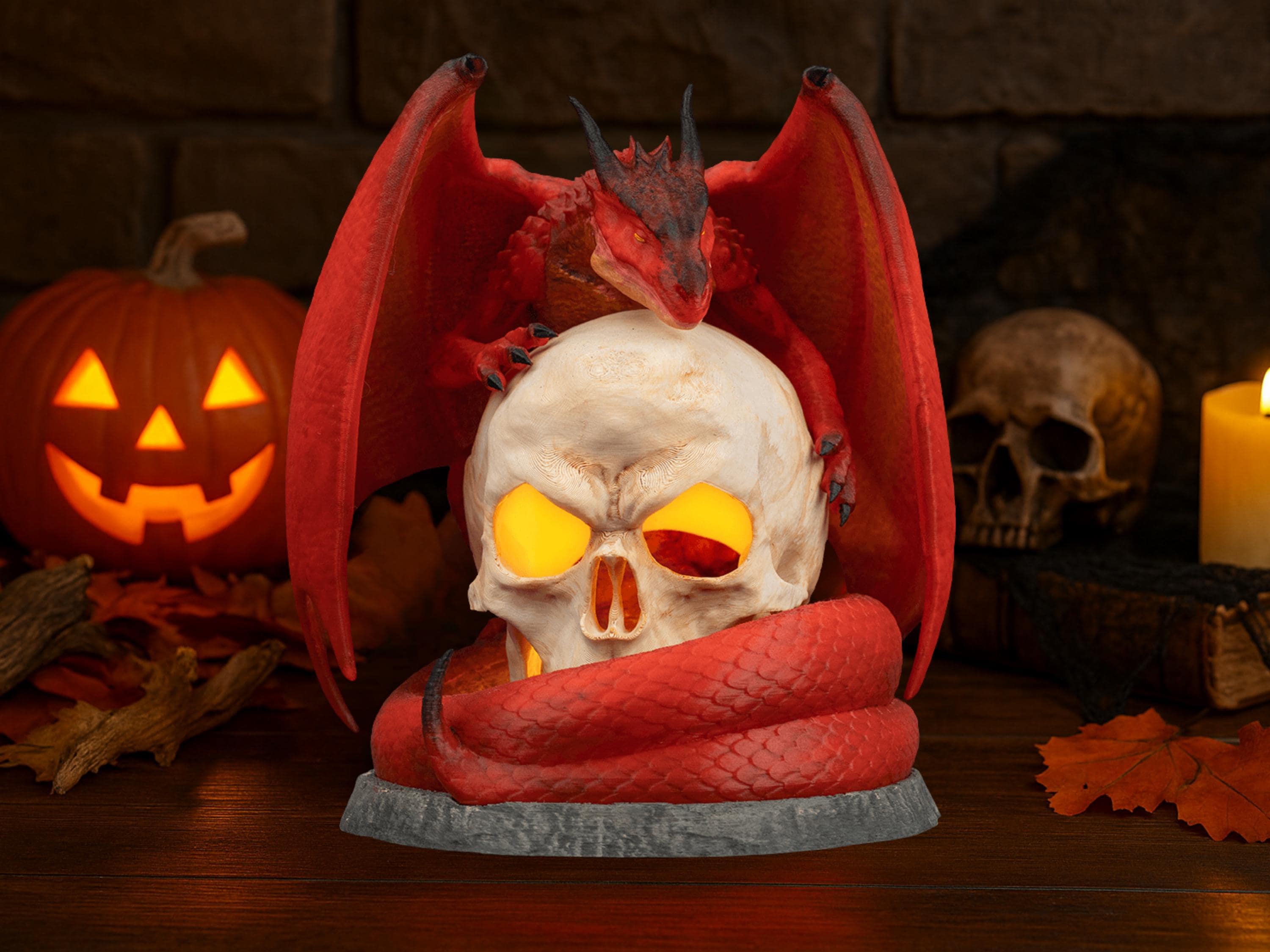 Gothic Dragon Table Lamp with Skull | Hand-Painted Halloween LED Decor | Fantasy Home Accent