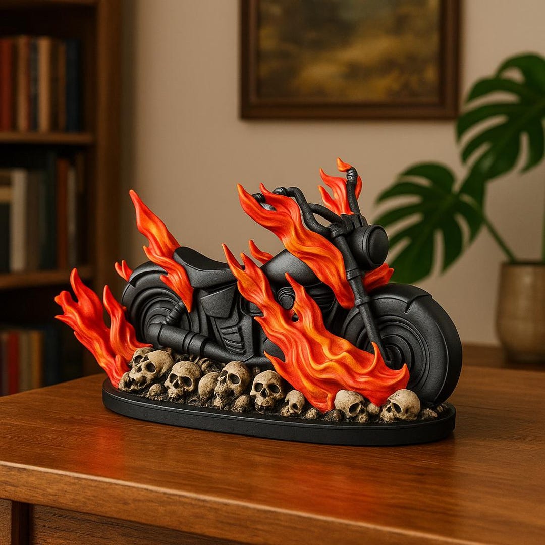 Hell Ride – Flaming Motorcycle Sculpture With Skull Base – Gothic Biker ...