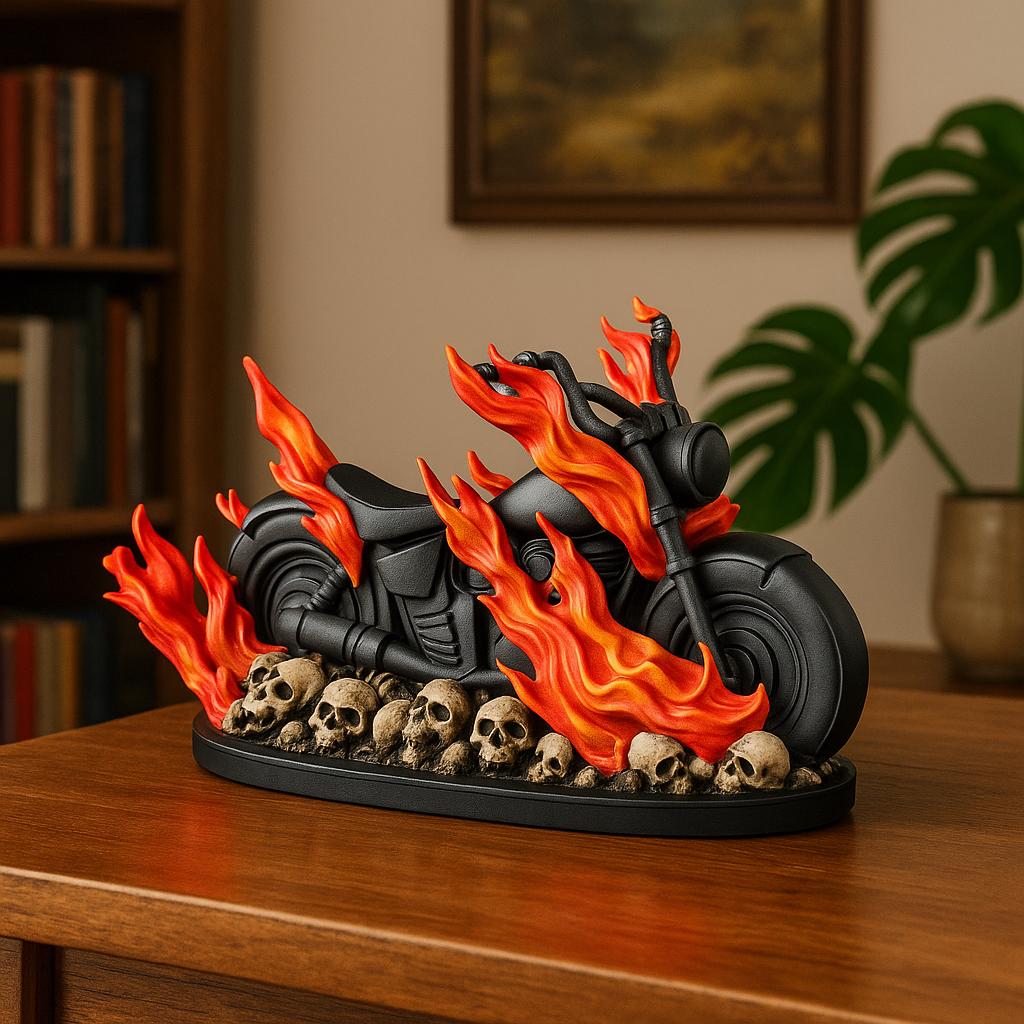 Hell Ride – Flaming Motorcycle Sculpture with Skull Base – Gothic Biker Décor – Collectible Figurine