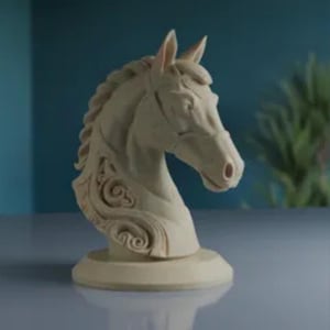Elegant Horse Head Sculpture – 3D Printed Figurine with Spiral Mane – Equestrian Home & Office Decor